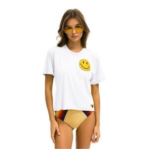 Aviator Nation SMILEY 2 BOYFRIEND TEE Shirt - WHITE Cropped Boxy T-Shirt  Small